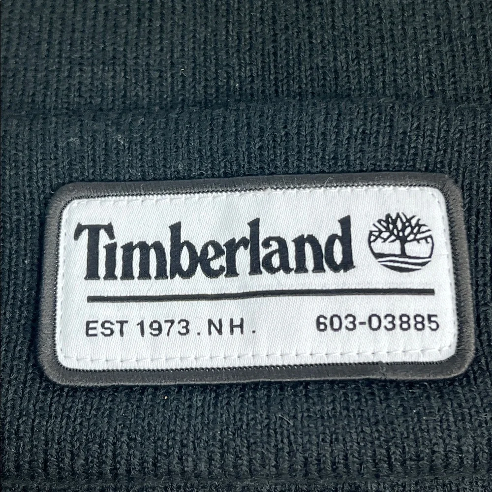 Timberland Black Knit Beanie Cuffed Logo Patch Hat OS